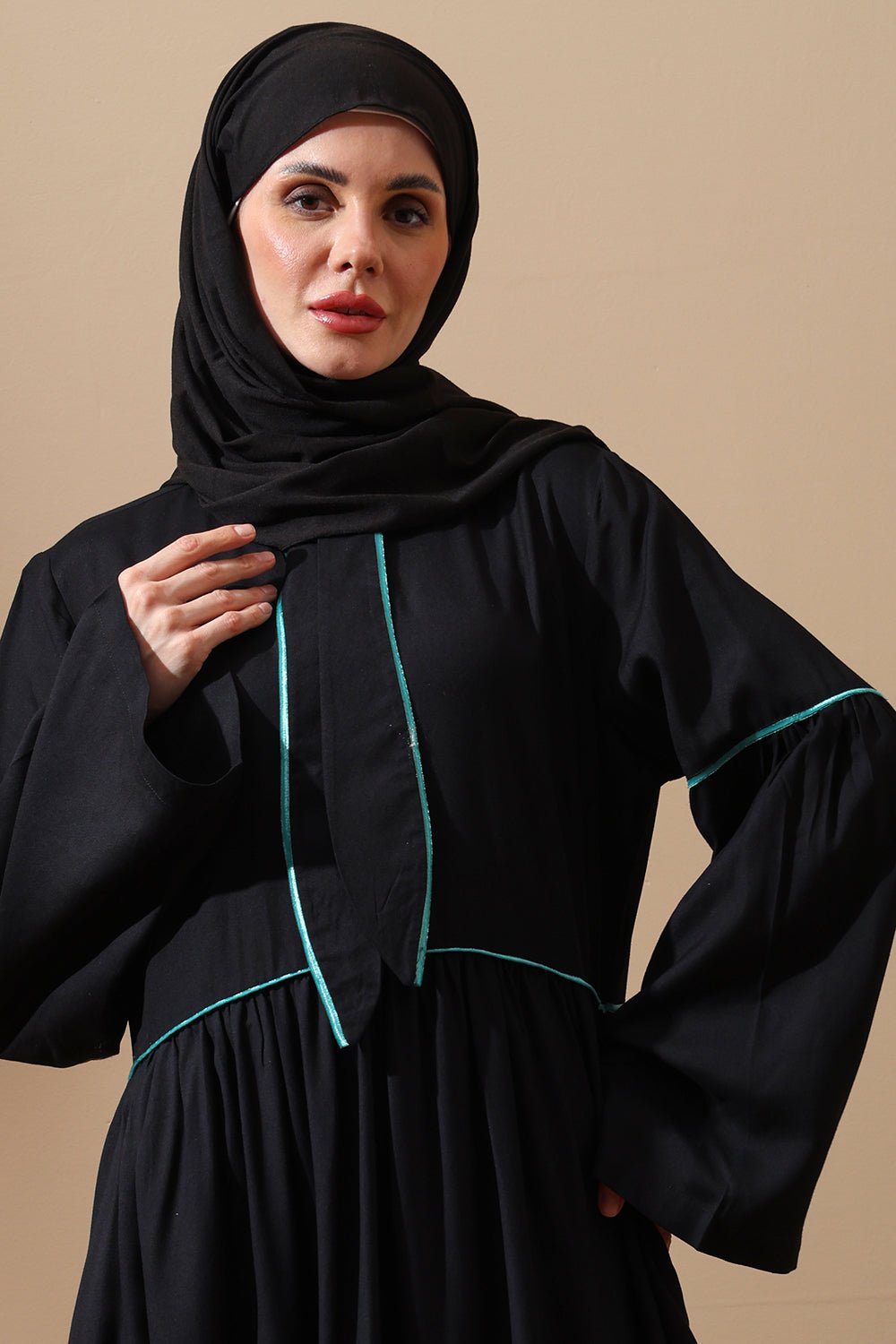 Abaya with Mint Green Floral Embroidery & Contrast Piping - EastEssence.com