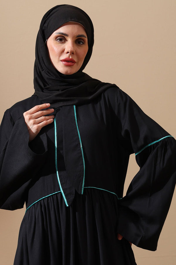 Abaya with Mint Green Floral Embroidery & Contrast Piping - EastEssence.com