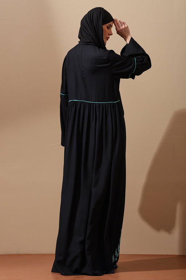 Abaya with Mint Green Floral Embroidery & Contrast Piping - EastEssence.com
