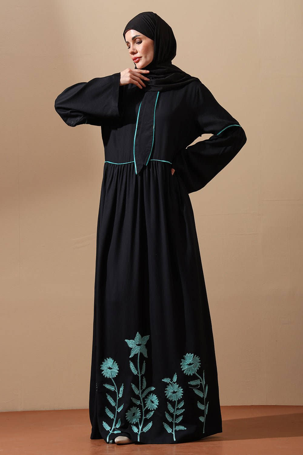 Abaya with Mint Green Floral Embroidery & Contrast Piping - EastEssence.com
