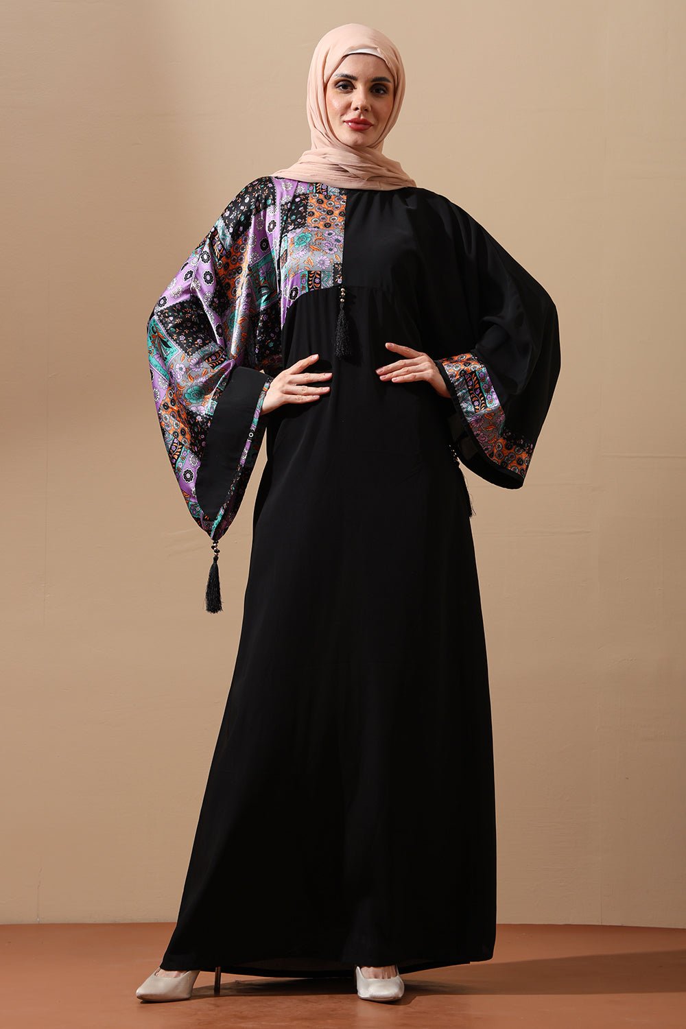 Abaya with Multicolor Printed Kimono Sleeves & Tassel Accents - EastEssence.com