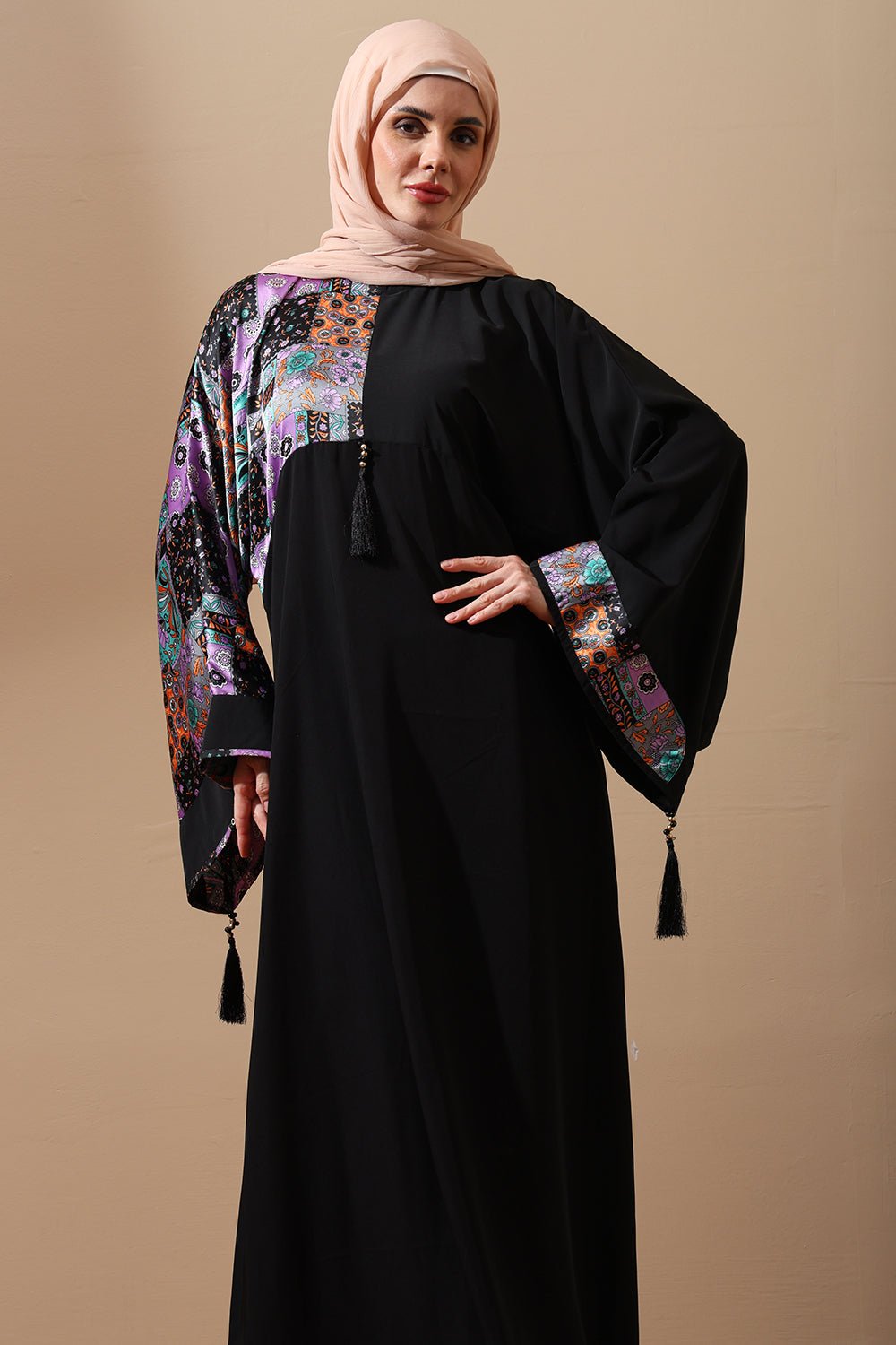 Abaya with Multicolor Printed Kimono Sleeves & Tassel Accents - EastEssence.com