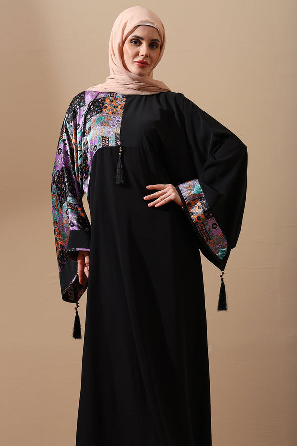 Abaya with Multicolor Printed Kimono Sleeves & Tassel Accents - EastEssence.com