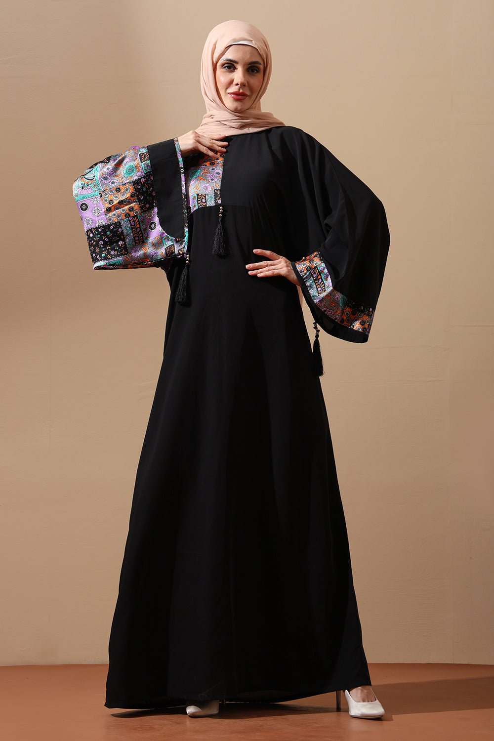 Abaya with Multicolor Printed Kimono Sleeves & Tassel Accents - EastEssence.com
