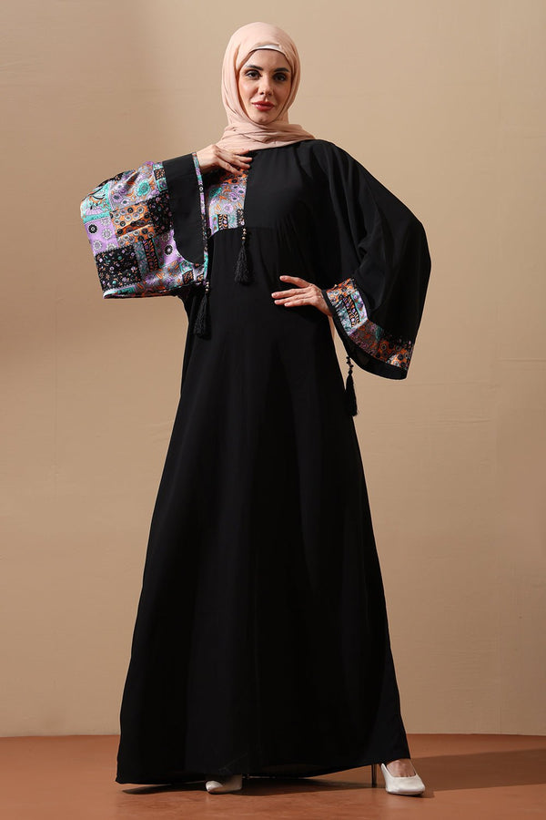 Abaya with Multicolor Printed Kimono Sleeves & Tassel Accents - EastEssence.com
