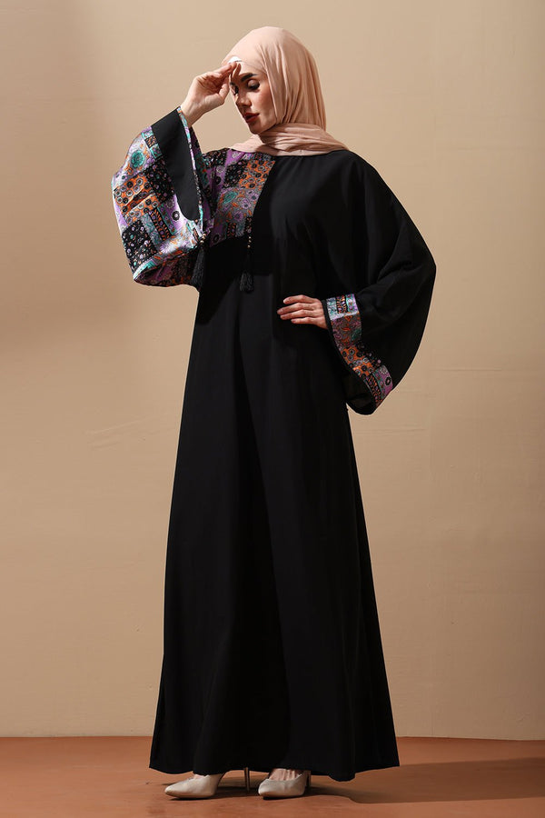 Abaya with Multicolor Printed Kimono Sleeves & Tassel Accents - EastEssence.com