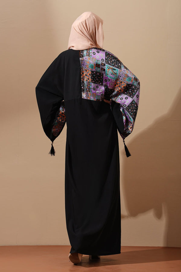 Abaya with Multicolor Printed Kimono Sleeves & Tassel Accents - EastEssence.com