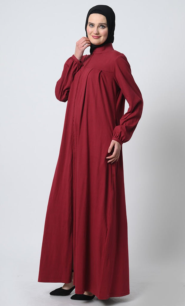 Abaya with Pleated Yoke – Cotton Jersey, Zipper Front, Stand Collar - EastEssence.com