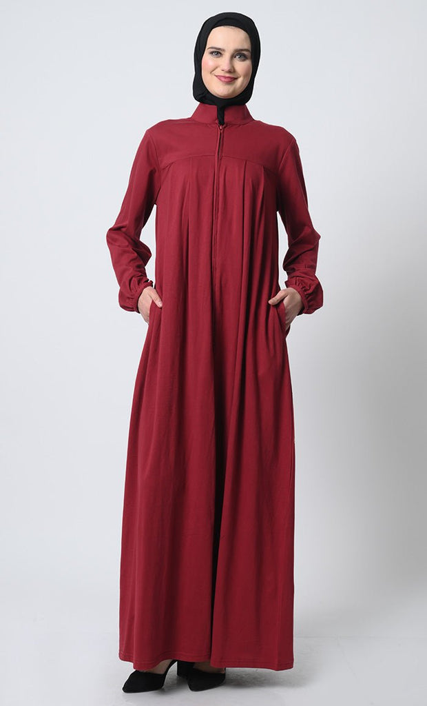 Abaya with Pleated Yoke – Cotton Jersey, Zipper Front, Stand Collar - EastEssence.com