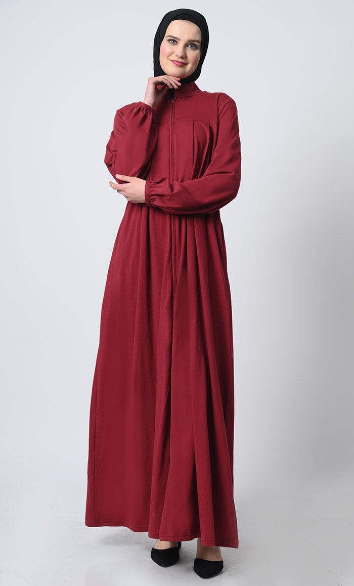 Abaya with Pleated Yoke ??Cotton Jersey, Zipper Front, Stand Collar - EastEssence.com