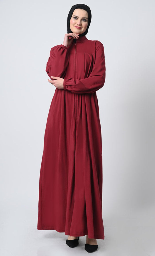 Abaya with Pleated Yoke – Cotton Jersey, Zipper Front, Stand Collar - EastEssence.com