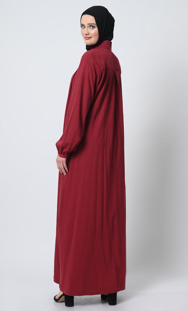 Abaya with Pleated Yoke – Cotton Jersey, Zipper Front, Stand Collar - EastEssence.com