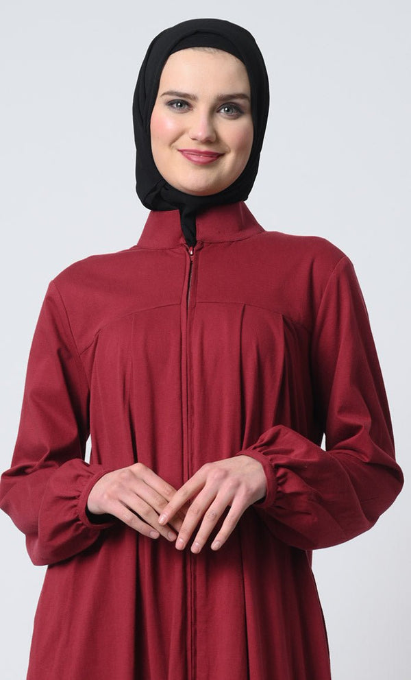 Abaya with Pleated Yoke ??Cotton Jersey, Zipper Front, Stand Collar - EastEssence.com