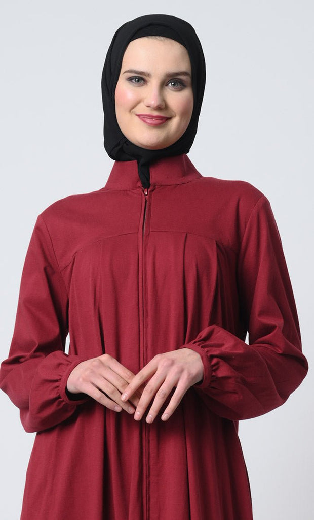 Abaya with Pleated Yoke – Cotton Jersey, Zipper Front, Stand Collar - EastEssence.com