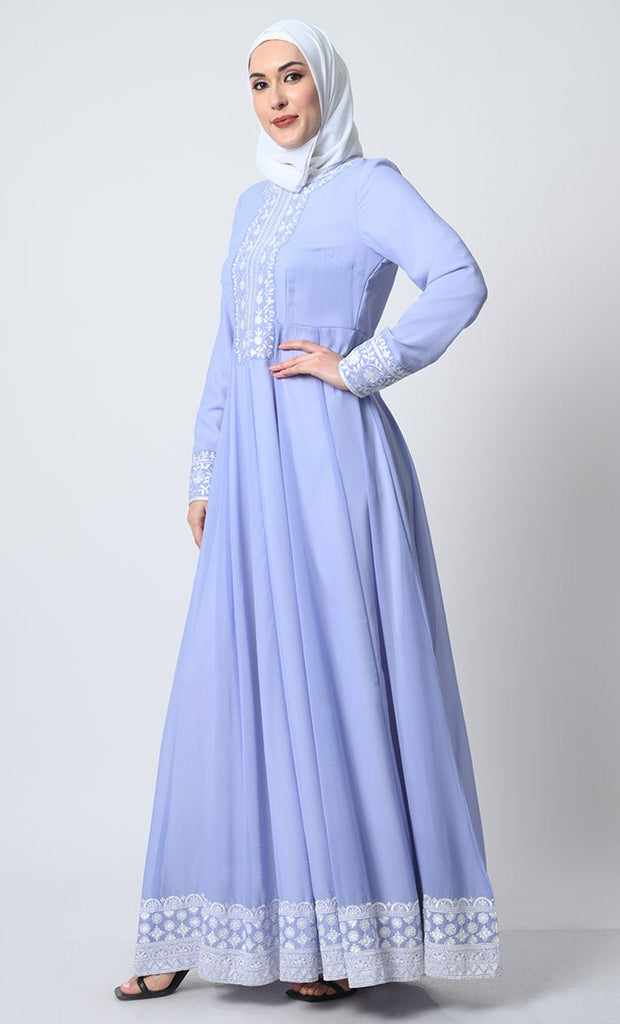 Anarkali Georgette Abaya – Embroidered Front, Pleated Waist, Lined Design - EastEssence.com