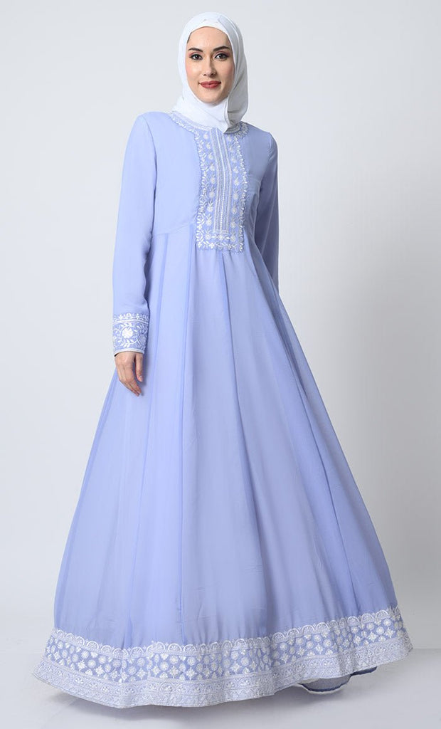 Anarkali Georgette Abaya – Embroidered Front, Pleated Waist, Lined Design - EastEssence.com