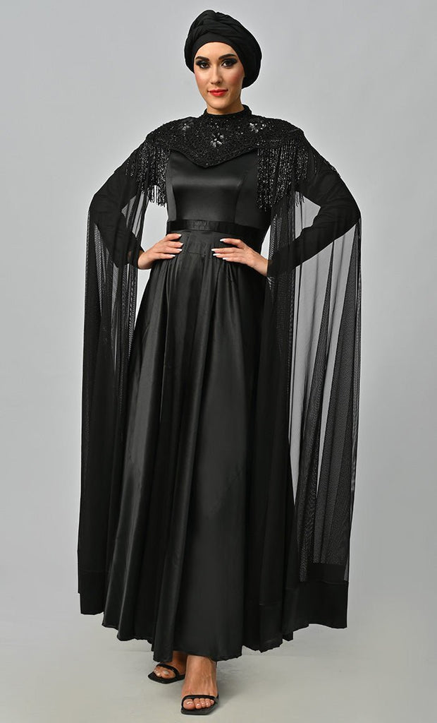 Arabian Queen Hand Embroidered Collar Satin Abaya With Intricate Tassel Details - Final Sale - EastEssence.com