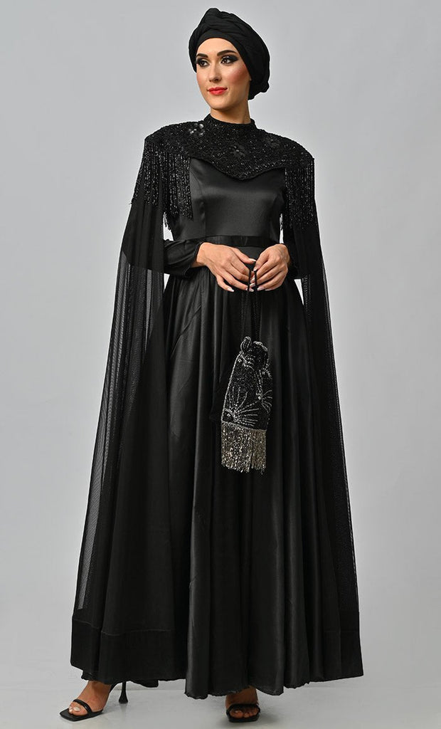 Arabian Queen Hand Embroidered Collar Satin Abaya With Intricate Tassel Details - Final Sale - EastEssence.com