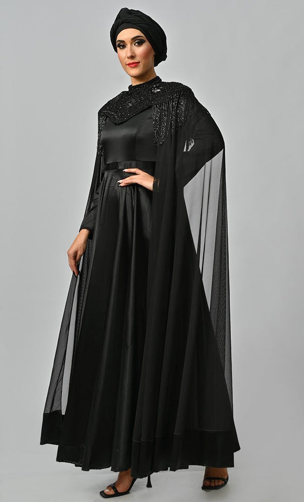 Arabian Queen Hand Embroidered Collar Satin Abaya With Intricate Tassel Details - Final Sale - EastEssence.com