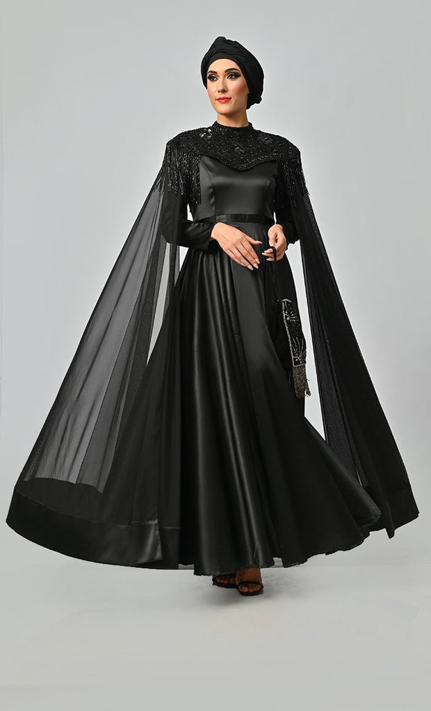 Arabian Queen Hand Embroidered Collar Satin Abaya With Intricate Tassel Details - Final Sale - EastEssence.com