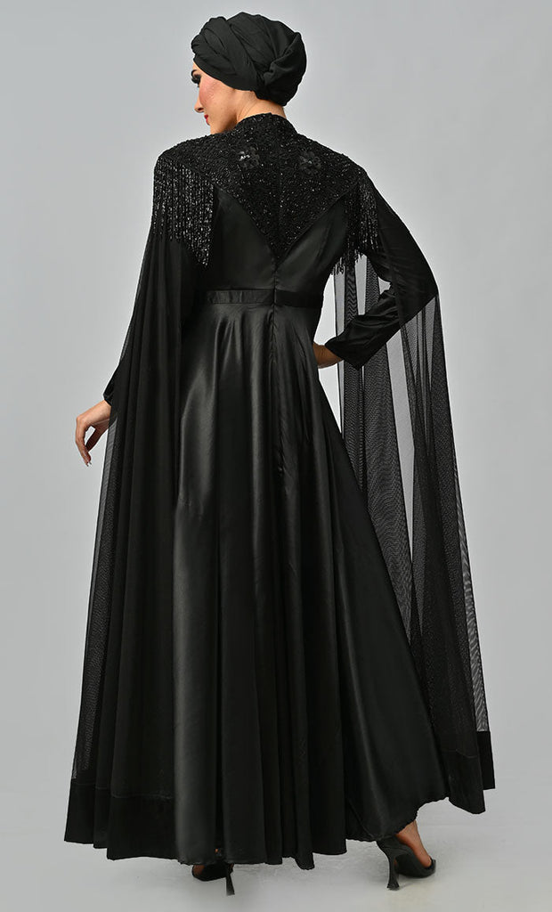 Arabian Queen Hand Embroidered Collar Satin Abaya With Intricate Tassel Details - Final Sale - EastEssence.com