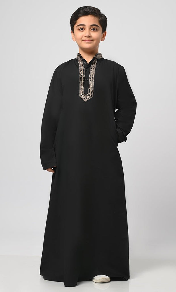 Arabic Boys Muslim Thread Embroidered Detailing Thobe - Final Sale - EastEssence.com