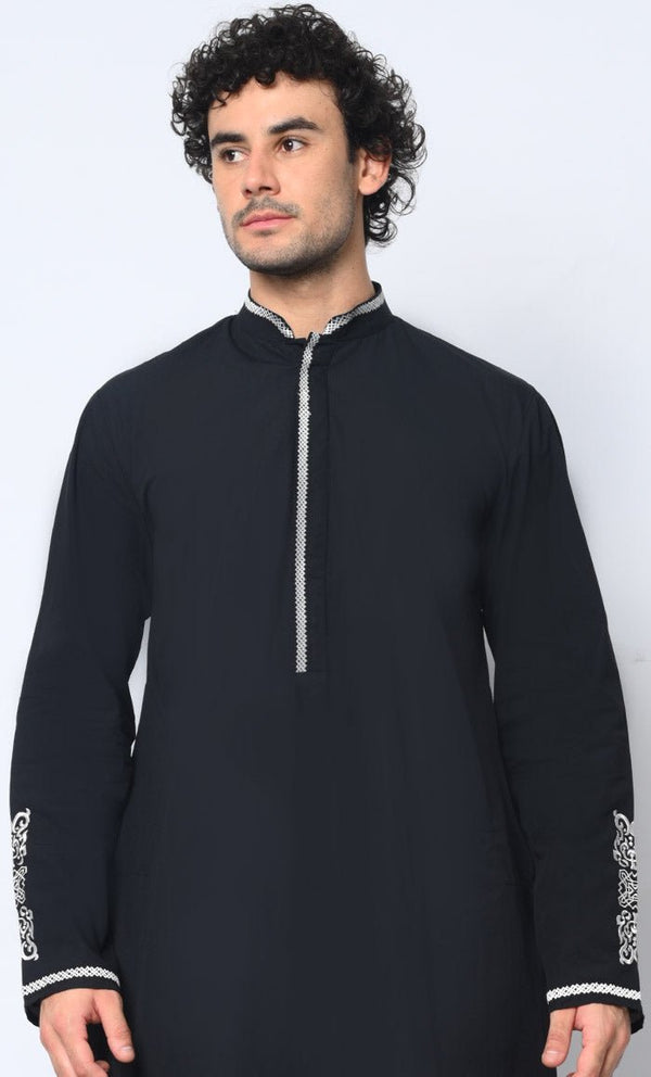Arabic Elegance: Men's Embroidered Black Thobe With Pockets - Final Sale - EastEssence.com