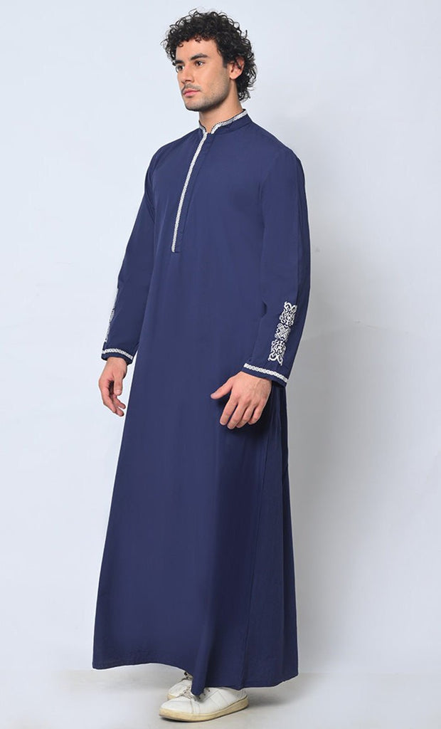 Arabic Elegance: Men's Embroidered Navy Thobe With Pockets - EastEssence.com