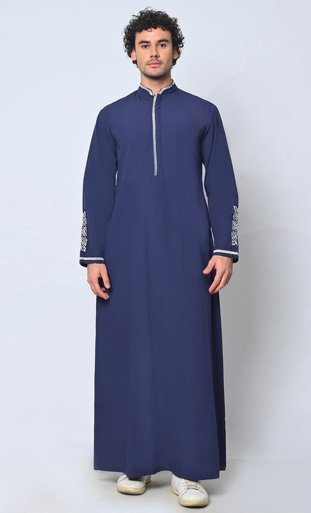 Arabic Elegance: Men's Embroidered Navy Thobe With Pockets - EastEssence.com