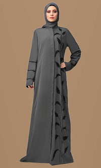 Arabic Grey Enchantress Embroidered Abaya with Pockets - EastEssence.com