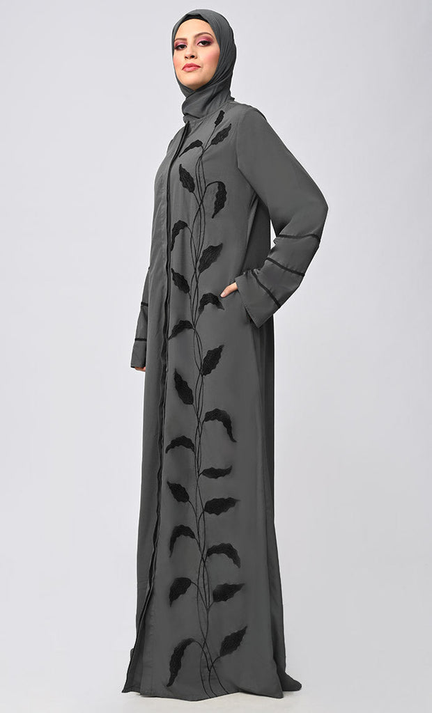 Arabic Grey Enchantress Embroidered Abaya With Pockets - Final Sale - EastEssence.com