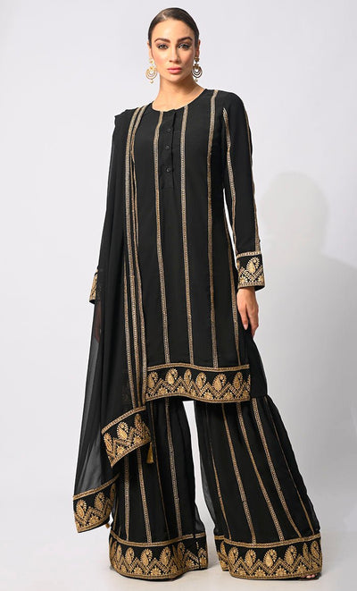Elegant Black Embroidered 3 Pc Sharara Set