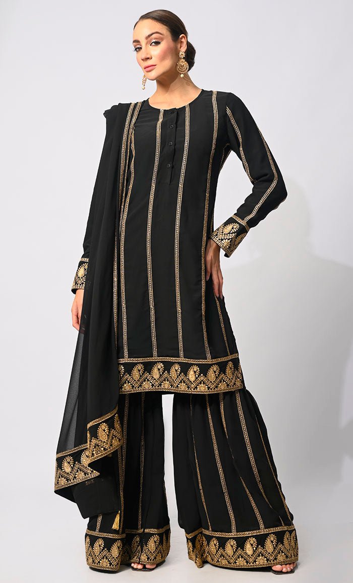 Elegant Black Embroidered 3 Pc Sharara Set