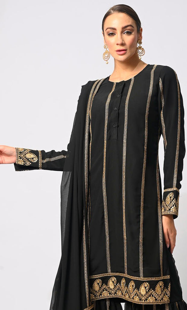 Elegant Black Embroidered 3 Pc Sharara Set