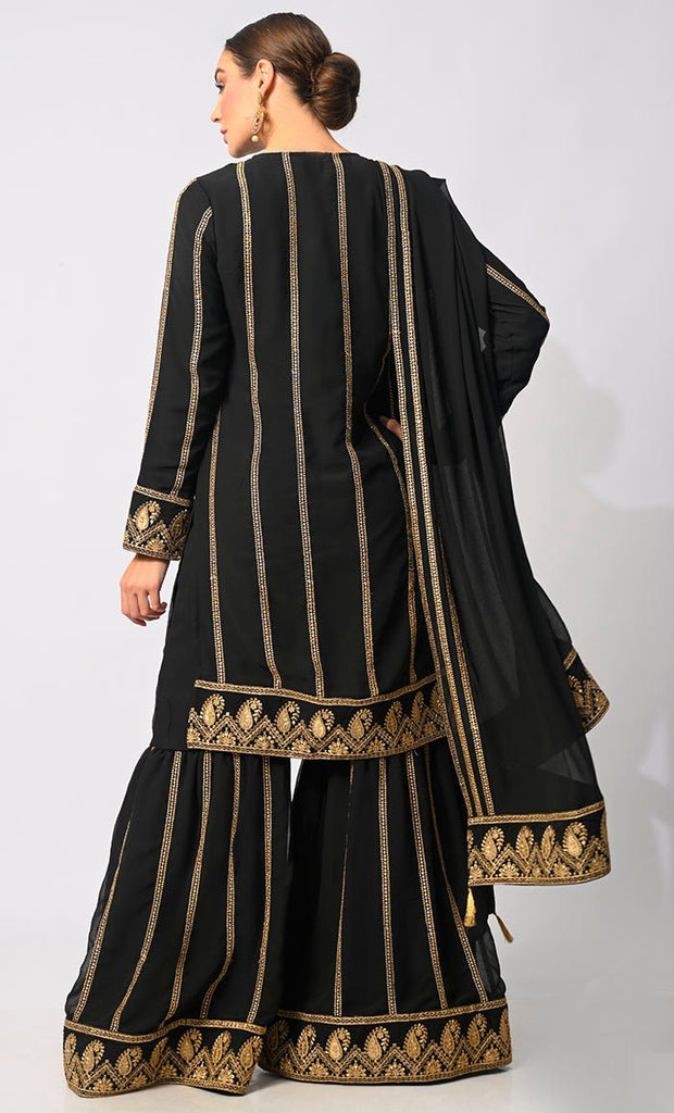 Elegant Black Embroidered 3 Pc Sharara Set