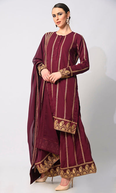 Elegant Maroon Embroidered 3 Pc Sharara Set