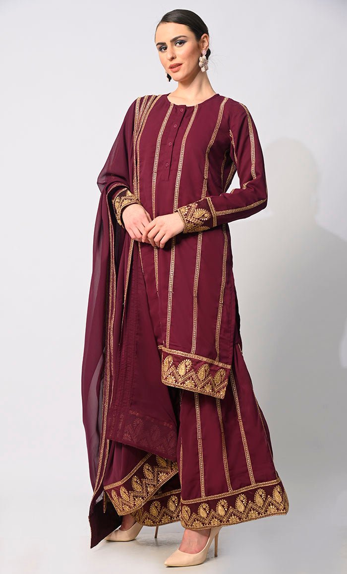 Elegant Maroon Embroidered 3 Pc Sharara Set