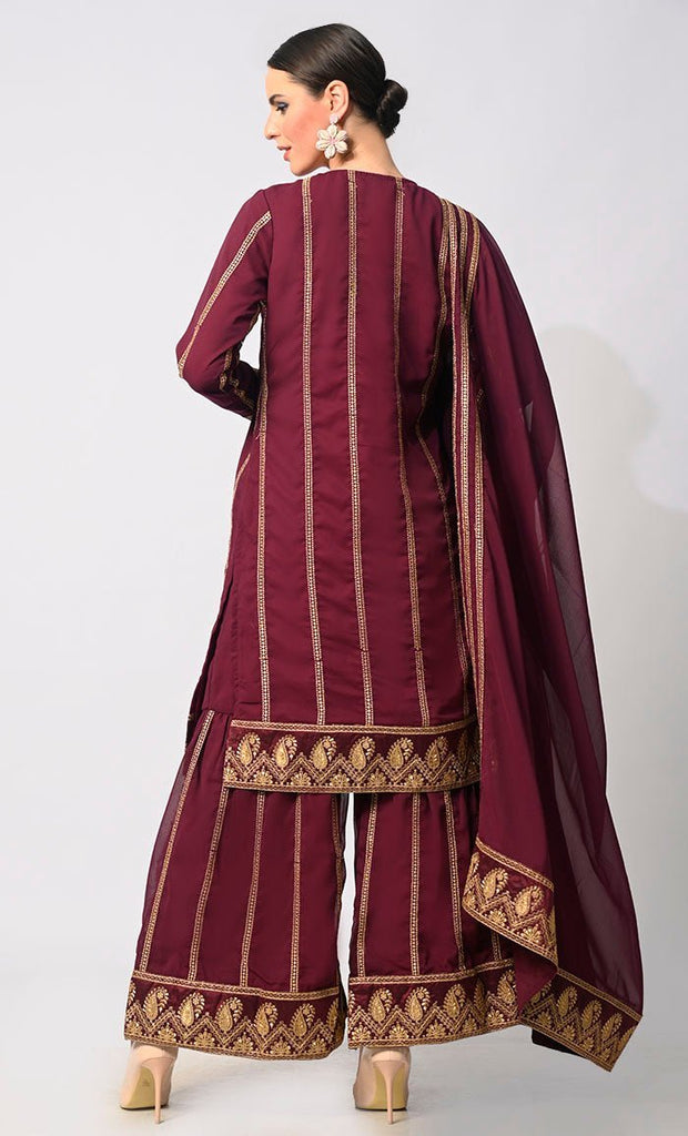 Artisanal Charm: Elegant Maroon Embroidered 3 Pc Sharara Set - Final Sale - EastEssence.com