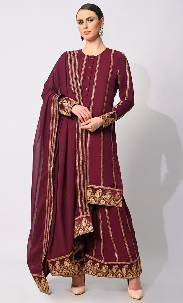 Artisanal Charm: Elegant Maroon Embroidered 3 Pc Sharara Set - Final Sale - EastEssence.com