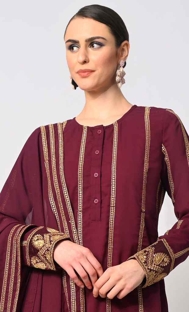 Artisanal Charm: Elegant Maroon Embroidered 3 Pc Sharara Set - Final Sale - EastEssence.com