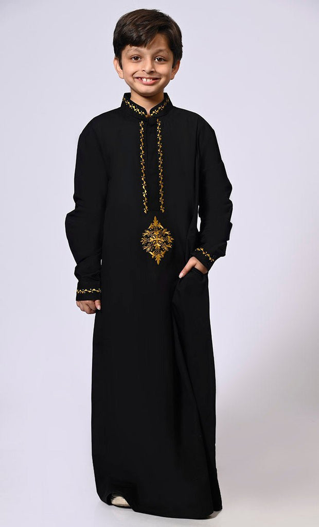 Artisanal Embroidery: Boy's Black Embroidered Thobe With Pockets - Final Sale - EastEssence.com