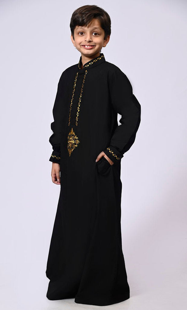 Artisanal Embroidery: Boy's Black Embroidered Thobe With Pockets - Final Sale - EastEssence.com