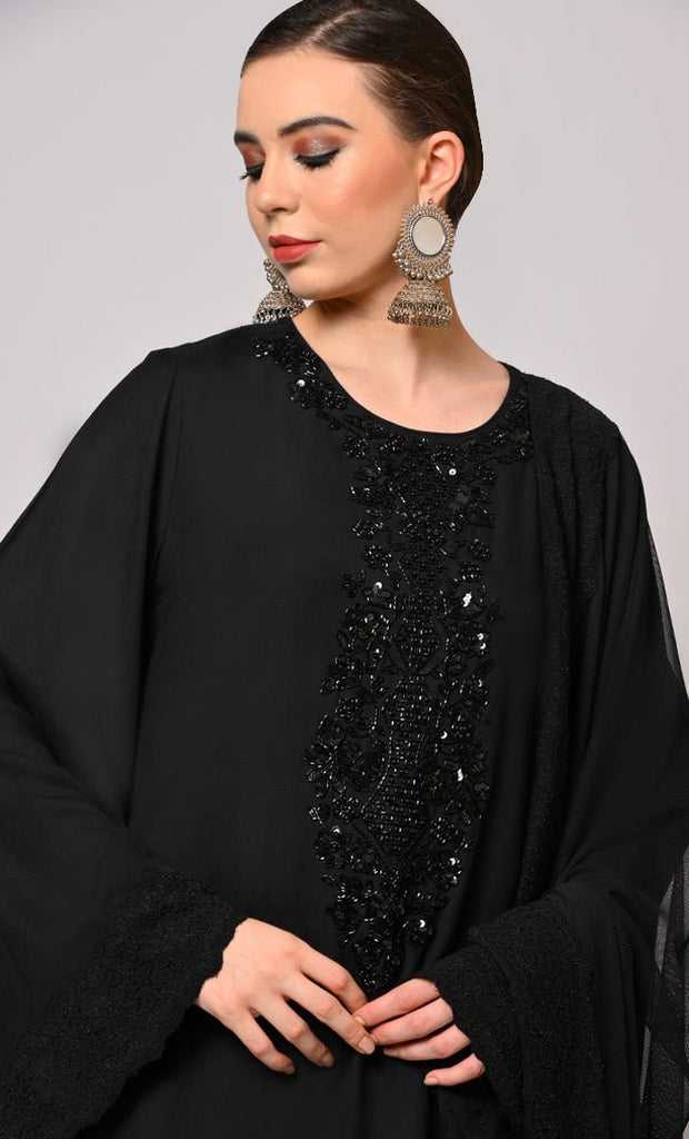 Artistry in Sequins: Hand Embroidered Black Salwar Kameez Set - Final Sale - EastEssence.com