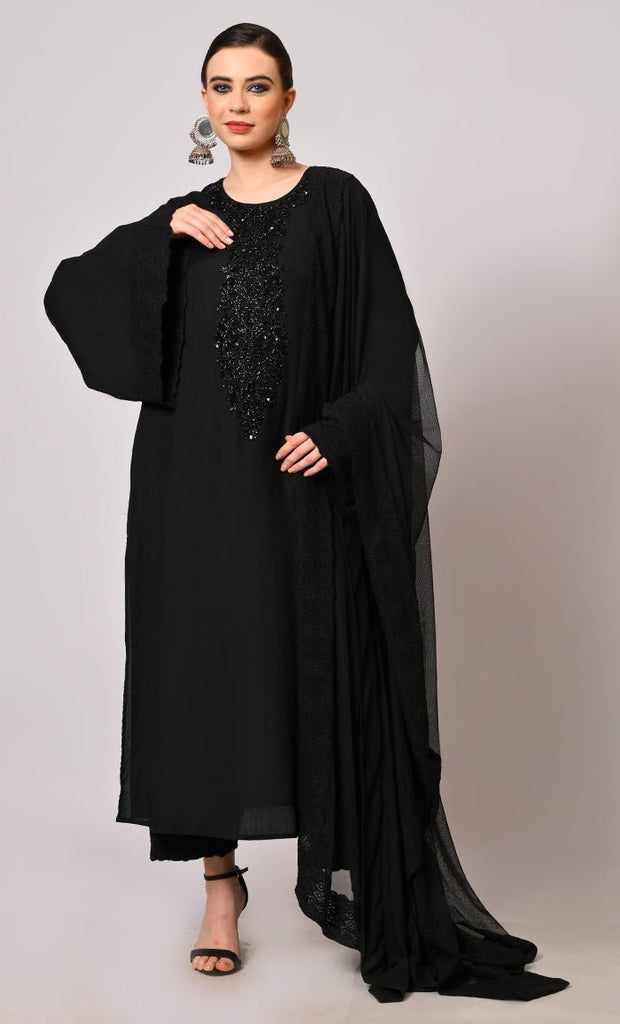 Artistry in Sequins: Hand Embroidered Black Salwar Kameez Set - Final Sale - EastEssence.com