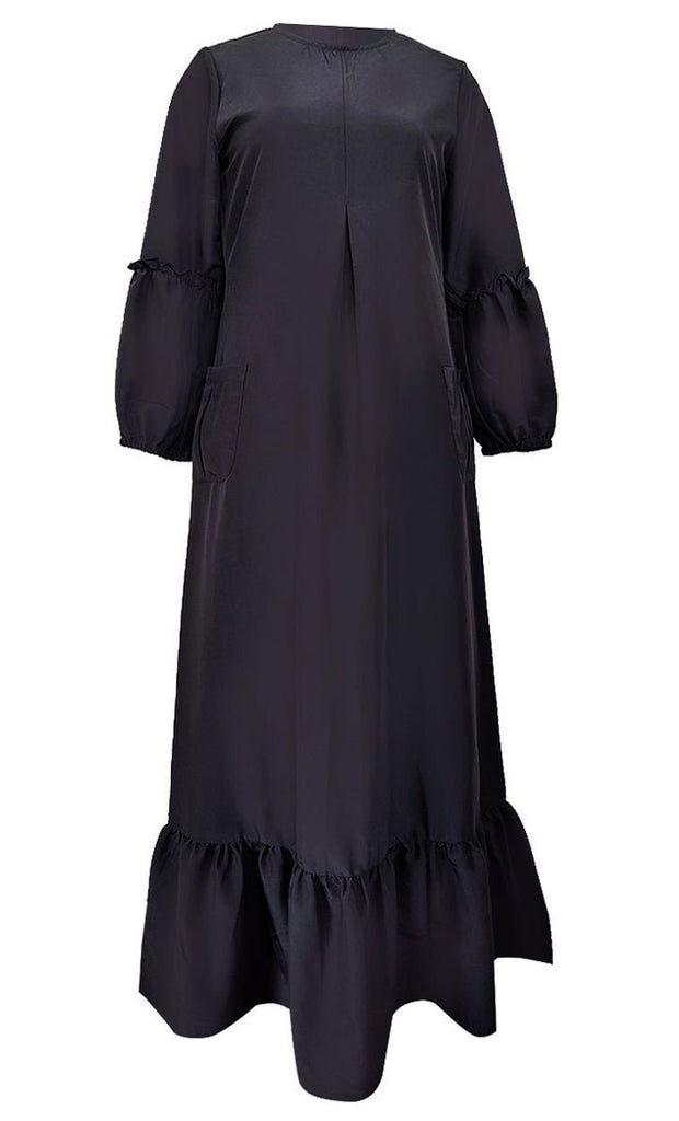 Basic Black Kashibo Ruffle Detailing Sleeves Abaya - Final Sale - EastEssence.com