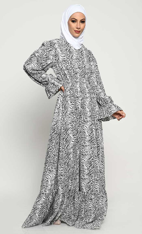 Basic Crepe Fabric Abaya with V - Neck and Pleated Bottom Panel - EastEssence.com