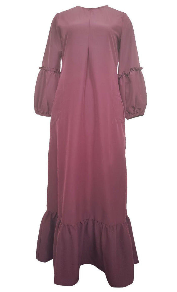 Basic Maroon Kashibo Ruffle Detailing Sleeves Abaya - Final Sale - EastEssence.com