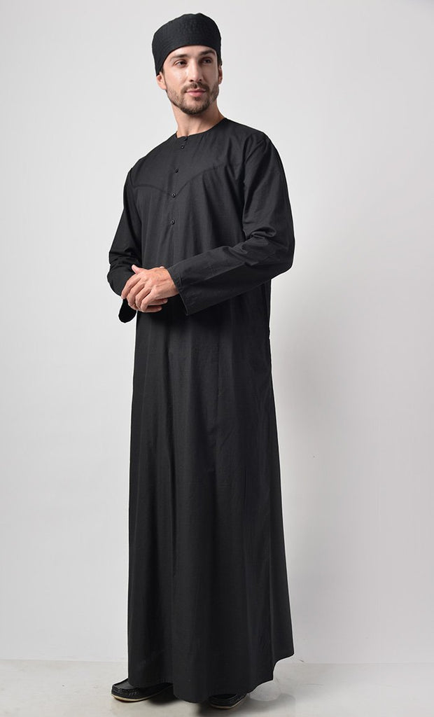 Basic Men's Front Yoke Detail Thobe (Black) - Final Sale - EastEssence.com