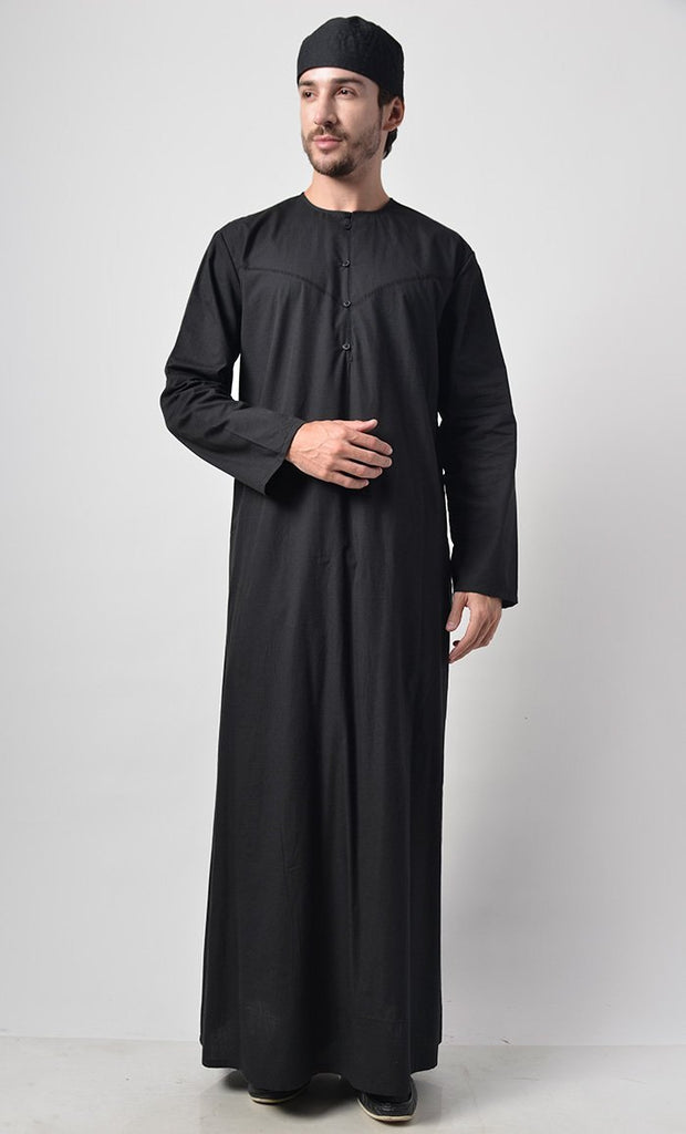 Basic Men's Front Yoke Detail Thobe (Black) - Final Sale - EastEssence.com