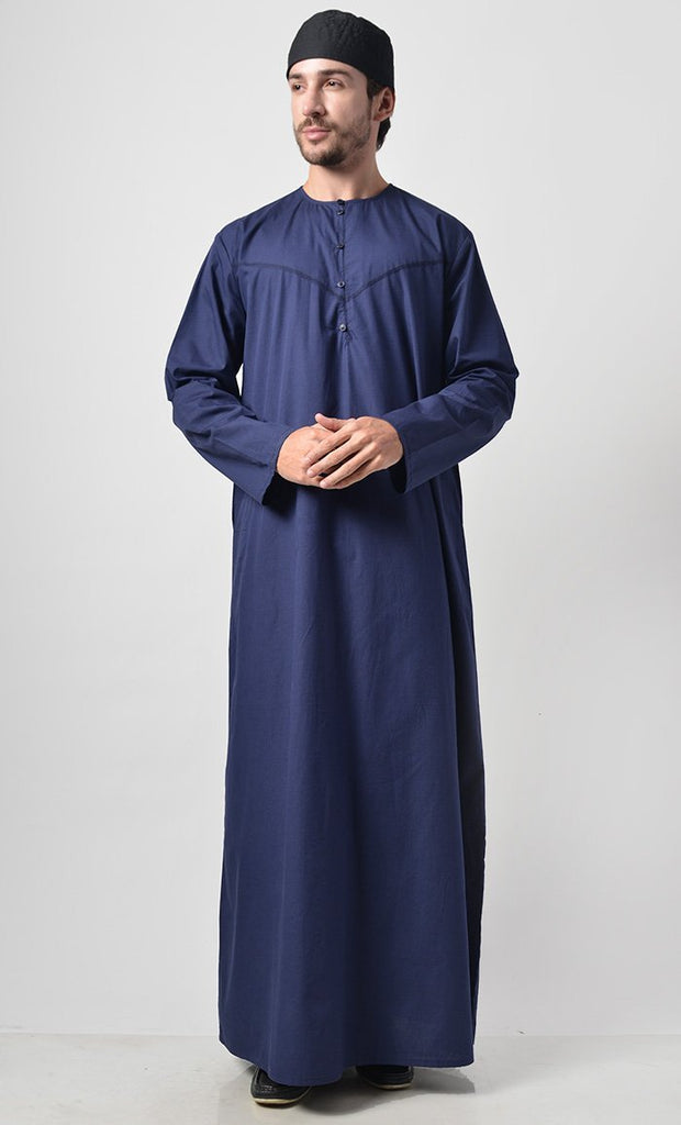 Basic Men's Front Yoke Detail Thobe (Navy) - Final Sale - EastEssence.com